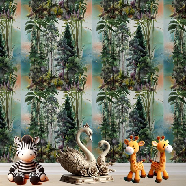 Papier Peint Forêt tropicale grands arbres Verdure Nature Aquar (Rainforest Tall Trees Greenery Nature Watercolor Wallpaper
)