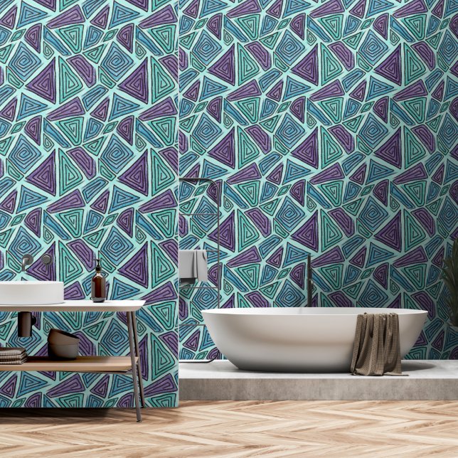 Papier Peint Formes géométriques Abstraites, Fils, Violet, Aqua (Salle de bain)