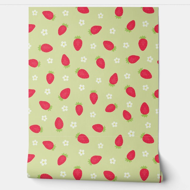 Papier Peint Fraises d'été sur fond vert (grande échelle) (Déroulement)