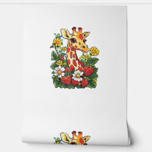 Papier Peint Fraises et fleurs de girafe Gira mignonne graphiqu