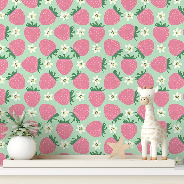 Papier Peint Fraises roses et fleurs sur fond vert menthe (Créateur téléchargé)