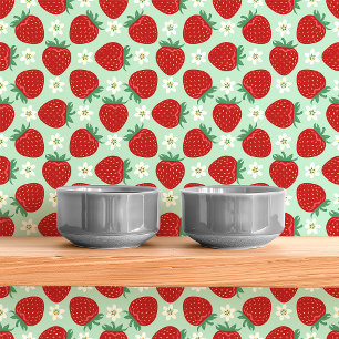 Papier Peint Fraises Rouges Et Fleurs Sur Fond Vert Menthe