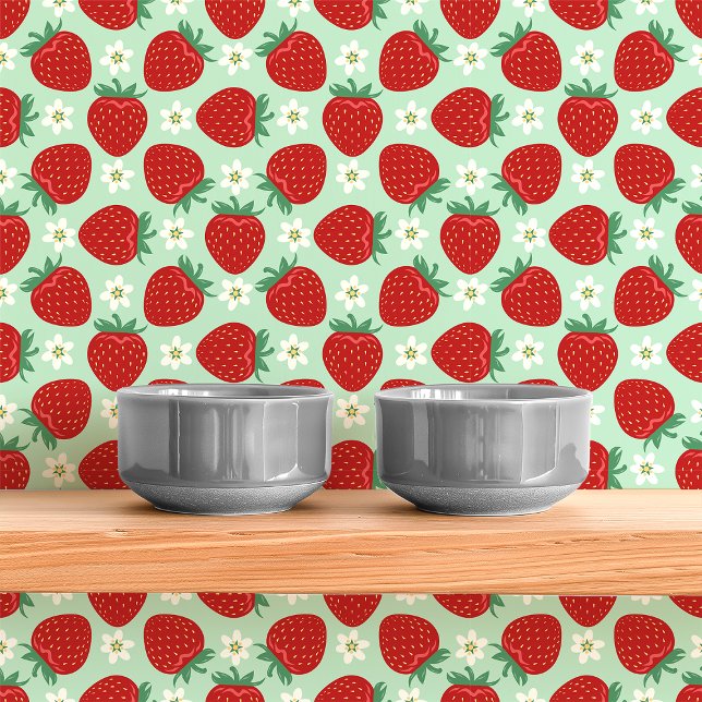 Papier Peint Fraises Rouges Et Fleurs Sur Fond Vert Menthe (Créateur téléchargé)