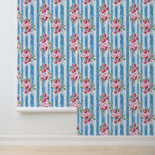 Papier Peint Fraises vintages et fleurs sur bandes bleues