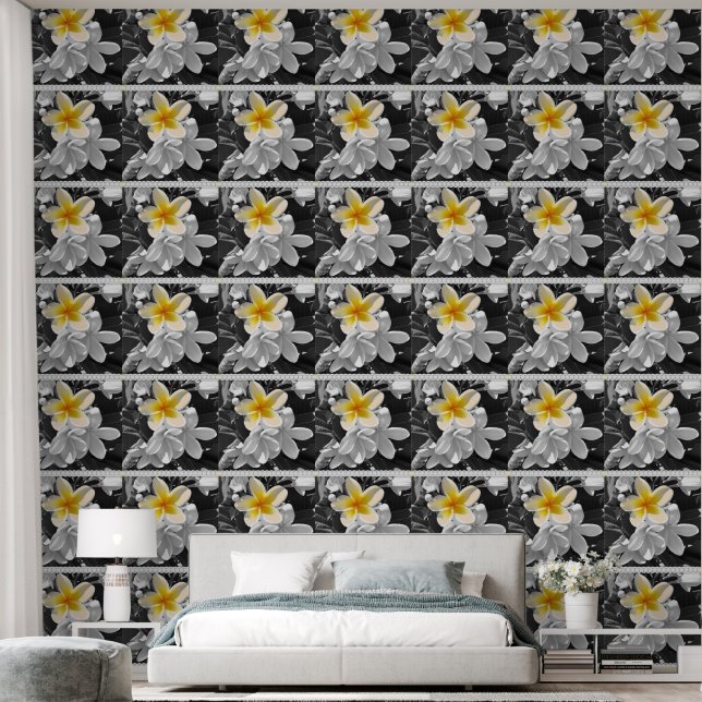 Papier Peint Frangipani Blanc Noir Avec Fleur Pop Jaune, (Chambre à coucher)