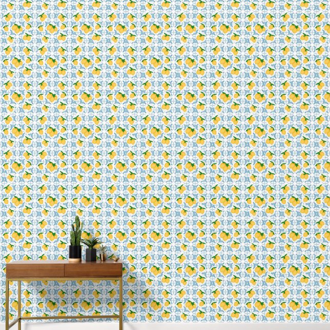 Papier Peint French Country Lemon Blue Floral Tile Pattern (Couloir)
