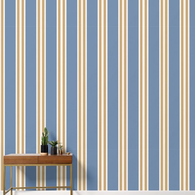 Papier Peint Fumée Bleu & Kaki Double Rayure de Rugby (Couloir)