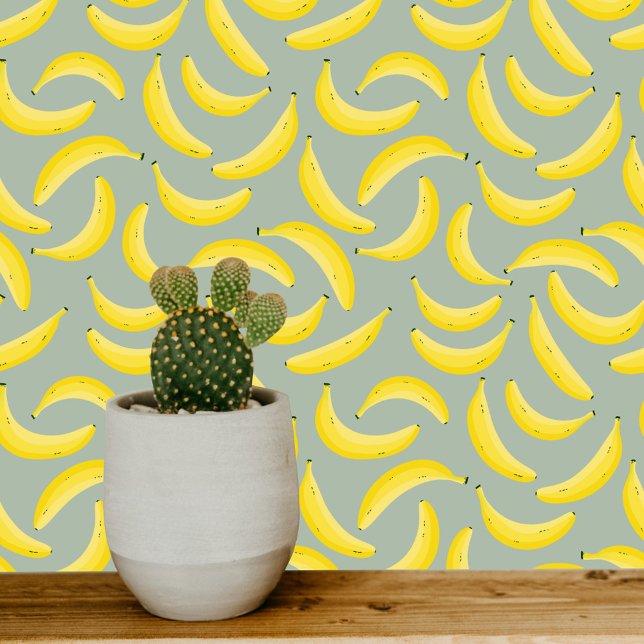 Papier Peint Fun Banana Jaune Sage Vert (Banana fun fruity pattern on soft sage green art wallpaper)