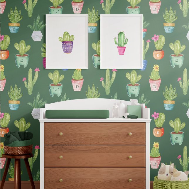 Papier Peint Fun Coloré Poted Cactus Plantes Personnalisé Monog (Fun Colorful Potted Cactus Plants Custom Monogram Wallpaper)