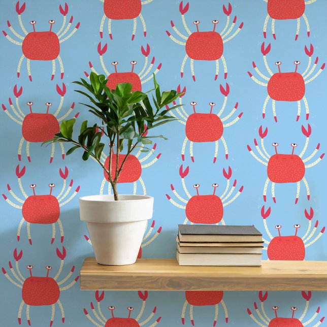 Papier Peint Fun Dancing Crab Motif côtier (Dancing crabs fun coral and blue peel and stick wallpaper for coastal home decor)