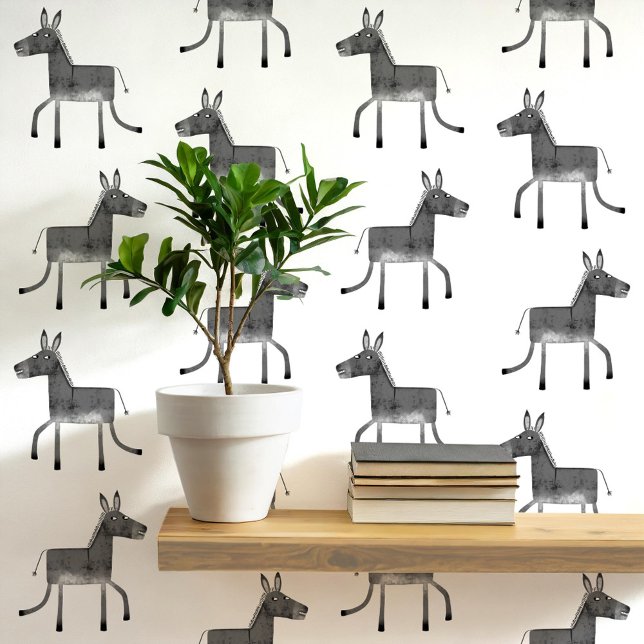 Papier Peint Fun Donkey Grey Motif blanc (Fun donkey pattern peel and stick wallpaper in gray and white)