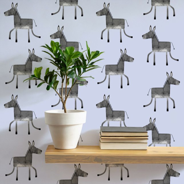 Papier Peint Fun Donkey Grey Motif bleu (Fun donkey pattern peel and stick wallpaper in gray and blue)
