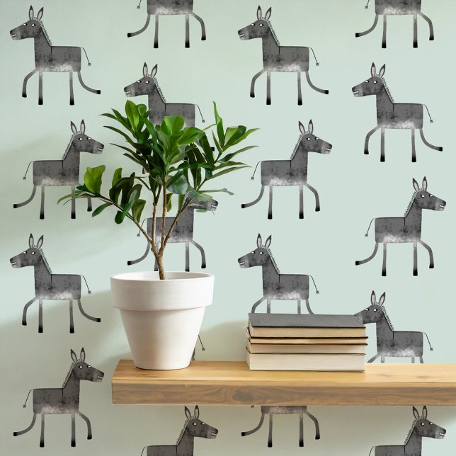 Papier Peint Fun Donkey Grey Sage Green Motif (Fun donkey pattern peel and stick wallpaper in gray and sage green)