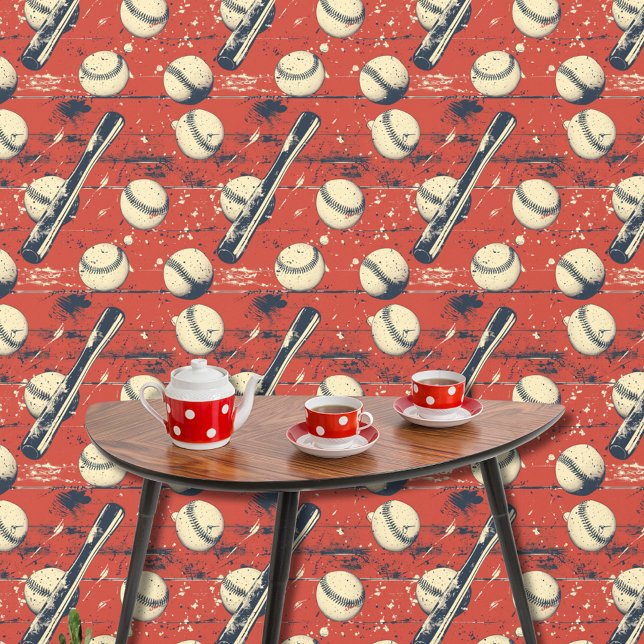 Papier Peint Fun Retro Rouge Bleu Blanc Baseball Motif Sport (Créateur téléchargé)