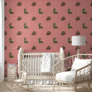Papier Peint Garçons Dinosaur Gingham - Vert armée Brun Rouge d