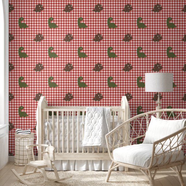 Papier Peint Garçons Dinosaur Gingham - Vert armée Brun Rouge d (Enfants)
