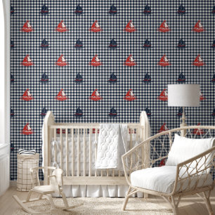 Papier Peint Garçons Préparatoires Voilier & Gingham Navy & Rou