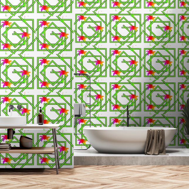 Papier Peint Géo Floral Arc-en-ciel Blanc (Salle de bain)