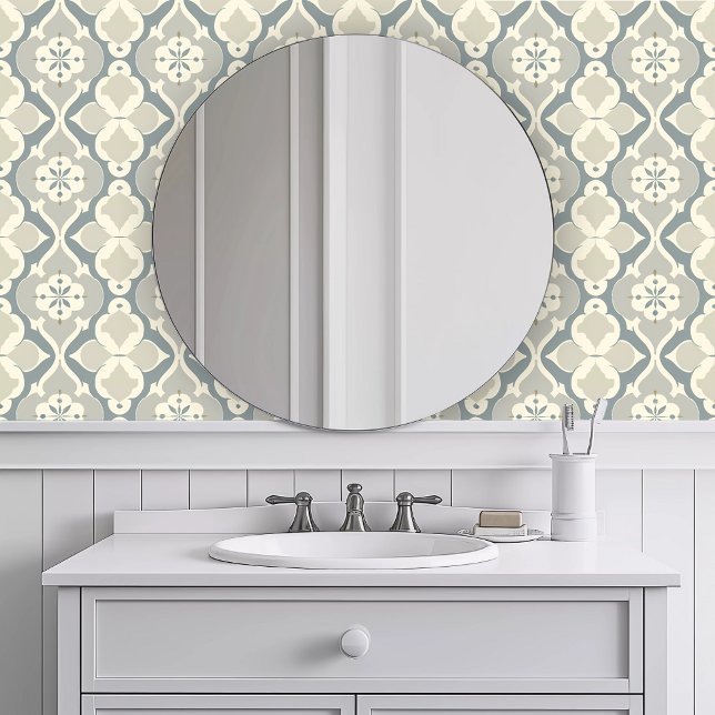Papier Peint Géochromatique monochromatique (Monochromatic Geometric Greige Wallpaper in a white bathroom.)