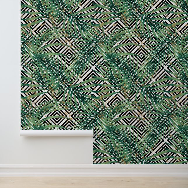 Papier Peint Géométrie tropicale - feuilles vertes or et formes (Application)