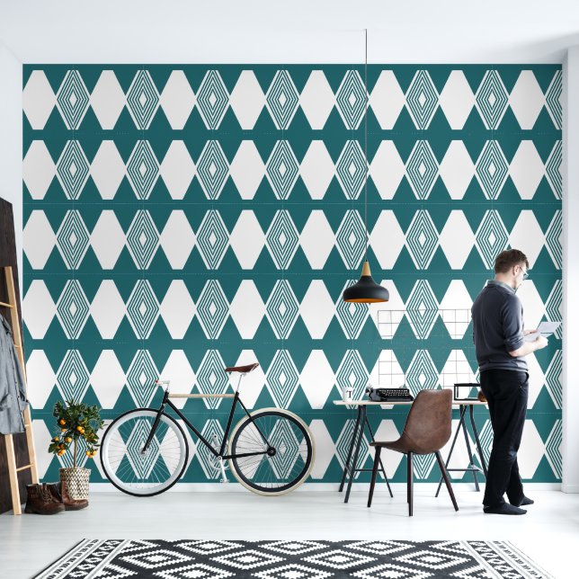 Papier peint géométrique sarcelle (Salon)