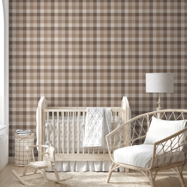 Papier Peint Gingham à carreaux marron clair Terre Neutre  (Enfants)