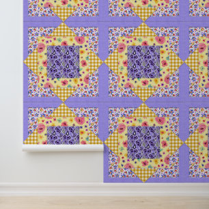 Papier Peint Gingham Jaune Lavande Courtepointe Style Cottage