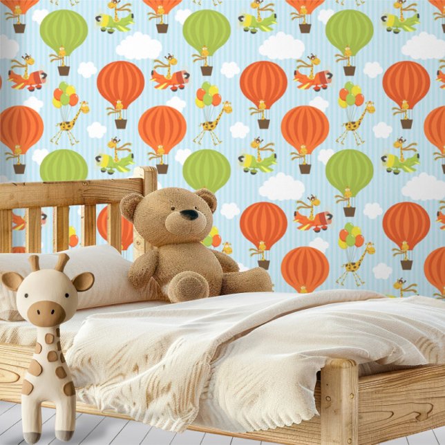 Papier Peint Girafe amusante en Motif de ballons et avions (Fun Giraffe in Air Balloons and Planes Pattern Wallpaper by Ricaso. Children's bedroom decor)