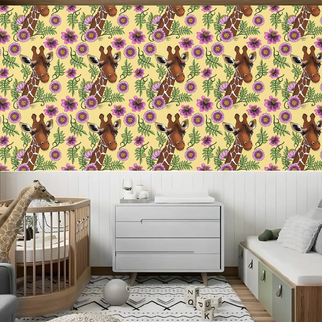 Papier Peint Giraffe Fleurs de Portrait Jaunes (Créateur téléchargé)