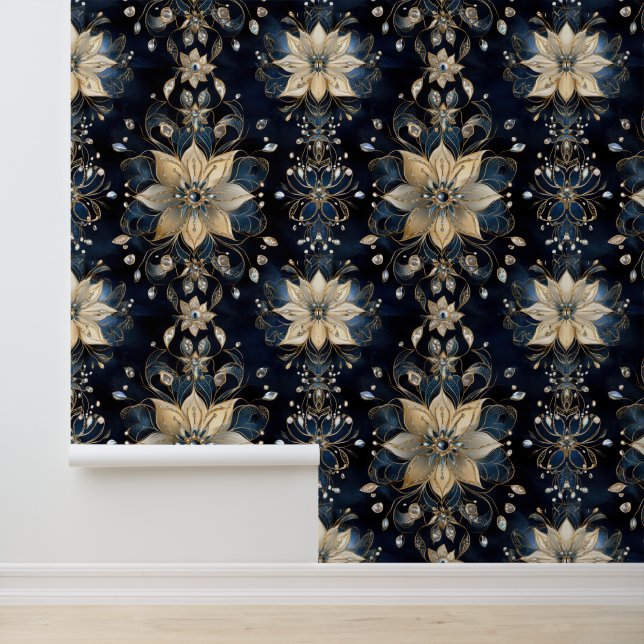 Papier Peint Glam Luxe Navy Or Floral (Application)