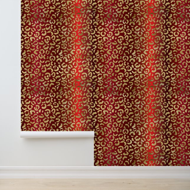 Papier Peint Glam Red Ombre Gold Leopard Motif (Application)