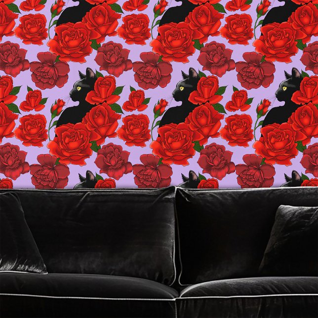 Papier Peint Gothique Chat Noir Roses Rouges Violet (Créateur téléchargé)