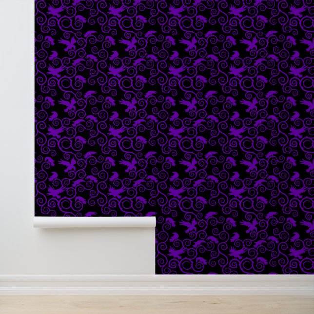 Papier Peint Gothique violet noir Jacquard corbeau victorien (Application)