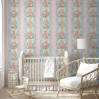 Papier Peint Grandmillennial Stripe Floral Blue Pink Wallpaper