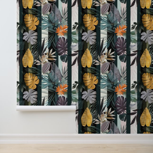 Papier Peint Gras bandes verticales vives avec feuilles plantes (Application)