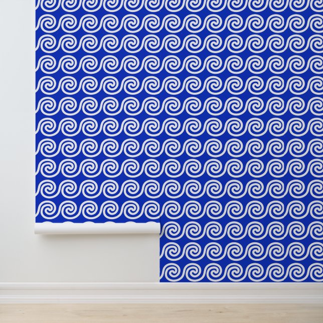 Papier Peint Grec Meander Key Waves Motif Bleu (Application)