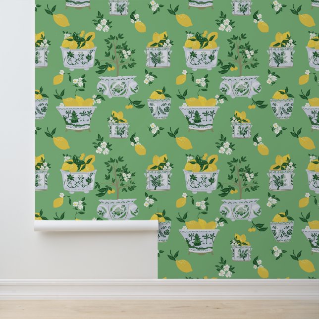 Papier Peint Green Chinoiserie Ginger Jar Lemon Trees (Application)