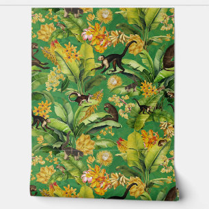 Papier Peint Green Tropical Vintage Monkey Floral Rainforest