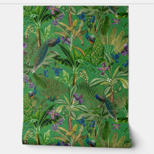 Papier Peint Green Tropical Vintage Peacock Floral Rainforest