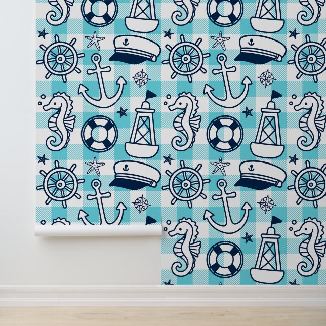 Papier Peint Gribouillages marins – Gingham côtier turquoise et (Application)