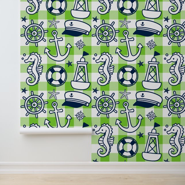 Papier Peint Gribouillages Marins – Gingham côtier vert citron  (Application)