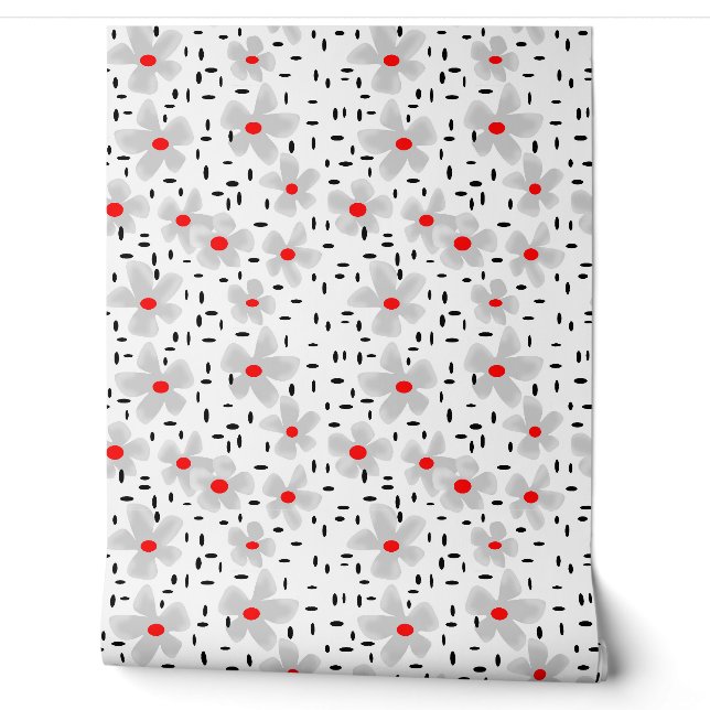 Papier Peint gris avec des fleurs rouges sur blanc rétro arrièr (Déroulement)