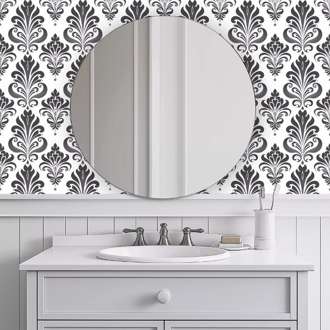 Papier Peint Gris élégant monochromatique (Monochromatic Elegant Gray Wallpaper in a white bathroom.)
