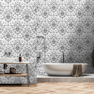 Papier Peint Gris et blanc Damas Floral peler et bâton
