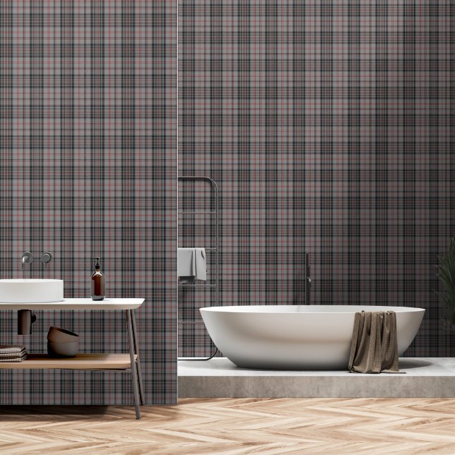 Papier Peint Gris Noir Rouge Grand Tartan Plaid (Salle de bain)