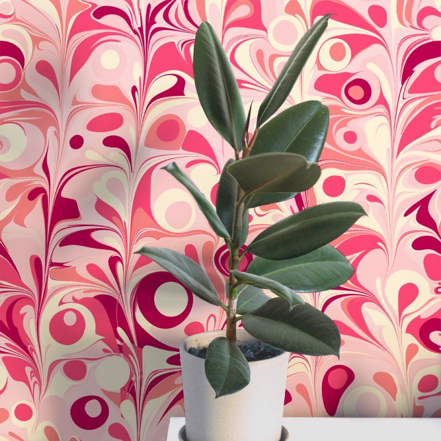 Papier Peint Groovy Rétro Marbré Rose (Fun retro marbled pink peel and stick art wallpaper)