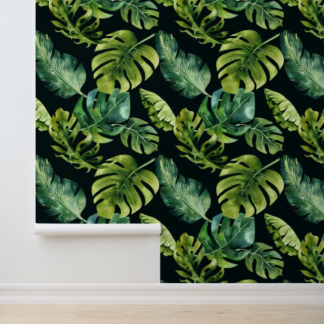 Papier Peint Gros Feuilles verts tropicaux en noir (Application)