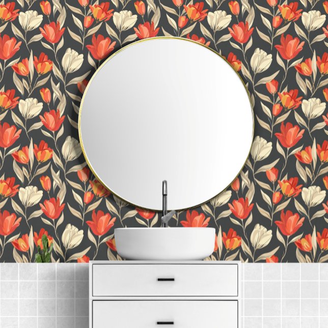 Papier Peint Gros Tulip Flower Vintage Motif (Big Bold Tulip Flower Vintage Pattern Wallpaper from Ricaso. Ideal for any room, Stylish & Elegant)