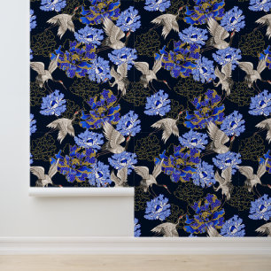Papier Peint Grues blanches japonaises Chrysanthème bleu or