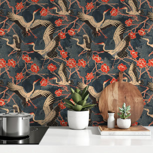 Papier Peint Grues élégantes et fleurs rouges